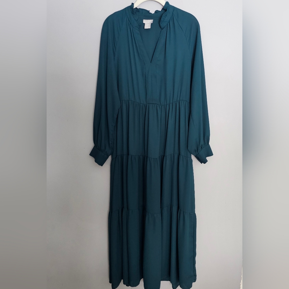 Lucky Brand Maxi Dress Womens Sz M Jade Green Tiered Peasant Semi Sheer Prairie